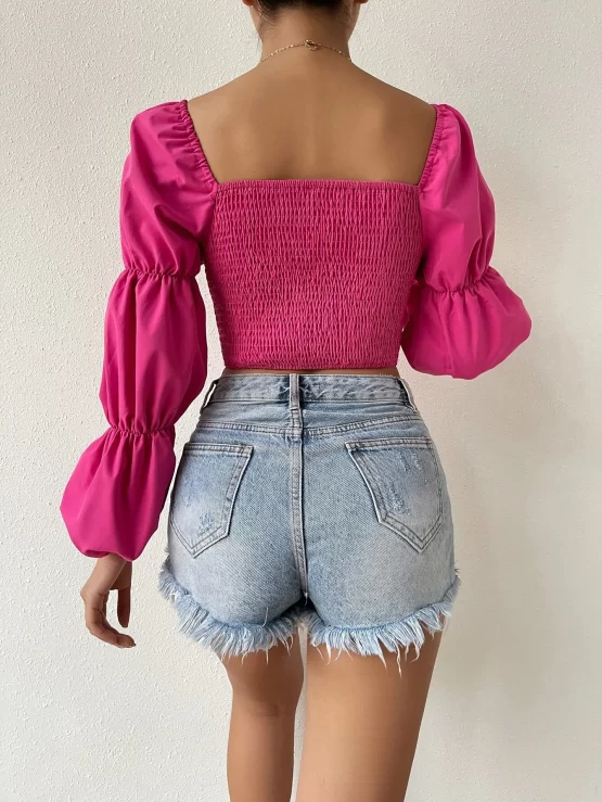 Shirred Back Sweetheart Neck Gathered Bandana Hem Crop Sleeve Blouse - Image 2