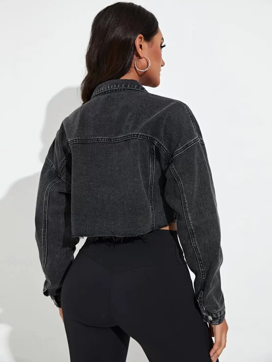 Cat Scratch Frayed Hem Drop Shoulder Crop Denim Jacket - Image 3