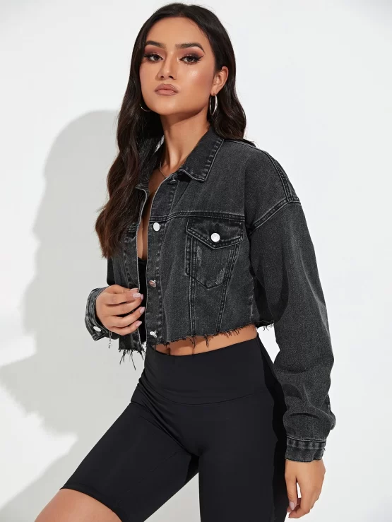 Cat Scratch Frayed Hem Drop Shoulder Crop Denim Jacket - Image 2