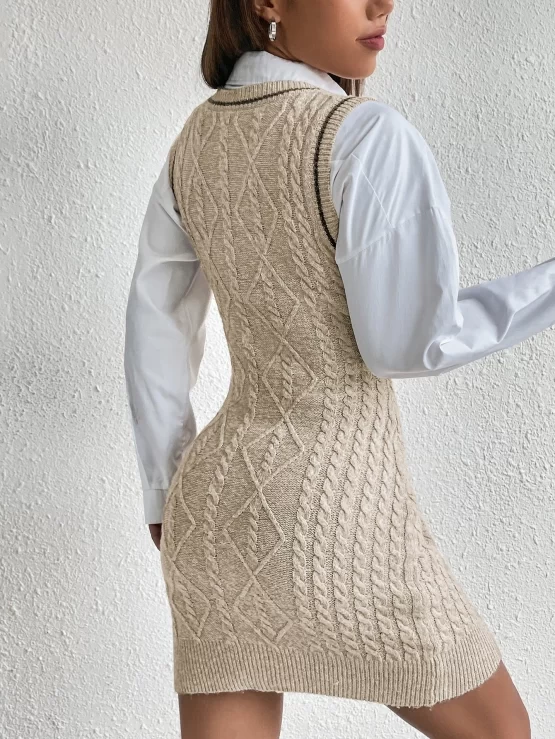 Striped Trim Cable Knit Sweater Dress Without Blouse - Image 2