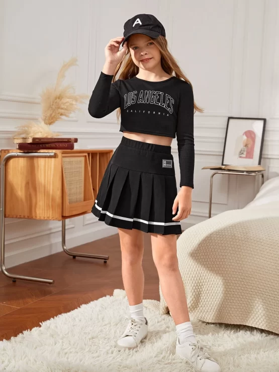Girls High Waist Patched Pleated Detail Skirt - Image 2
