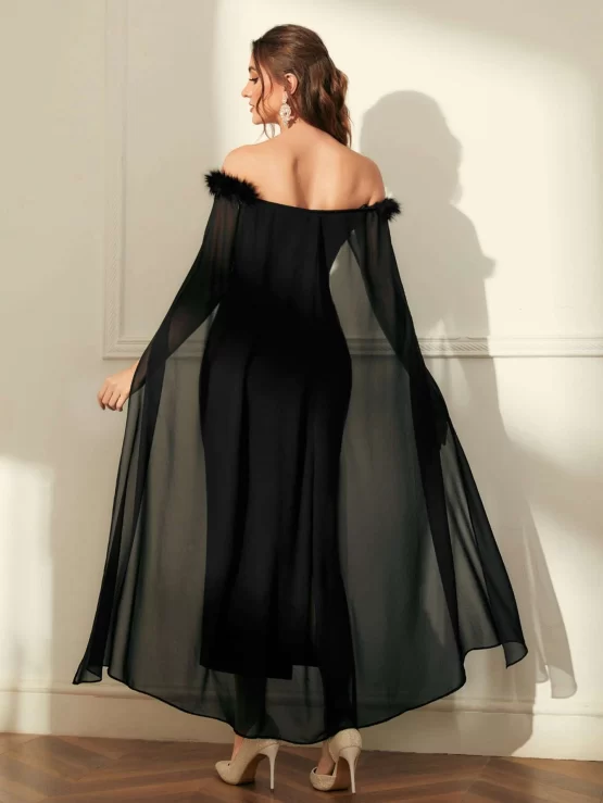 Modely Off Shoulder Fuzzy Trim Split Thigh Chiffon Prom Dress - Image 4