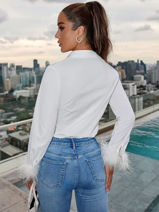 Fuzzy Contrast Faux Fur Button Front Hem Shirt - Image 2