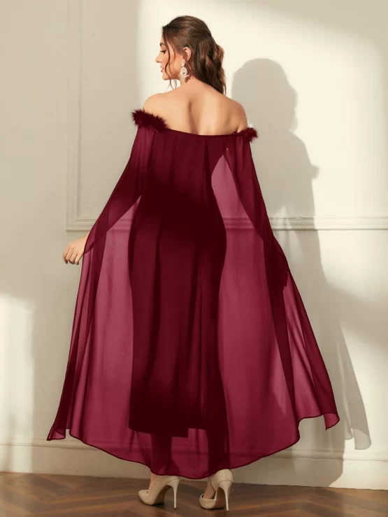 Modely Off Shoulder Fuzzy Trim Split Thigh Chiffon Prom Dress - Image 3