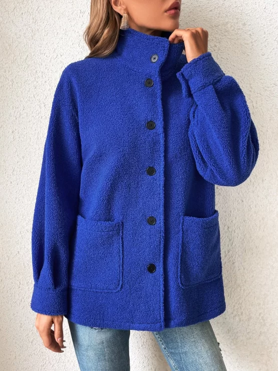 Drop Shoulder Front Dual Pockets Button Coat - Image 3