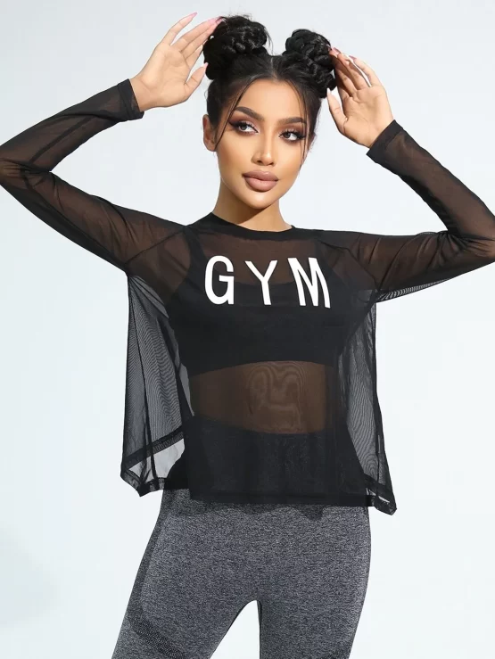 Letter Graphic Wrap Back Sports Tee Without Bra - Image 3