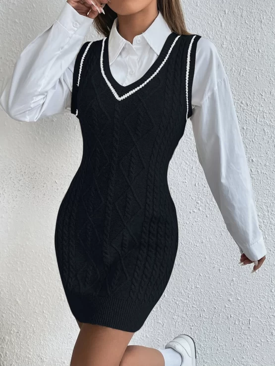 Striped Trim Cable Knit Sweater Dress Without Blouse - Image 5