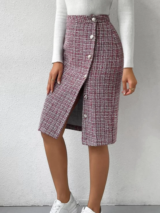 BAE High Waist Button Front Plaid Tweed Hem Skirt - Image 2