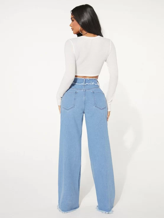 High Waist Button Frayed Trim Wide Leg Jeans - Image 3