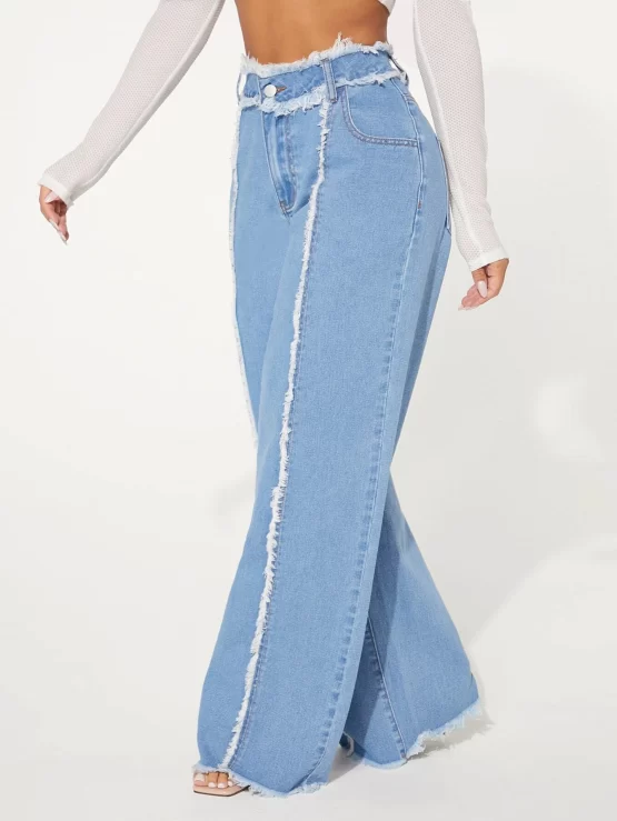 High Waist Button Frayed Trim Wide Leg Jeans - Image 2