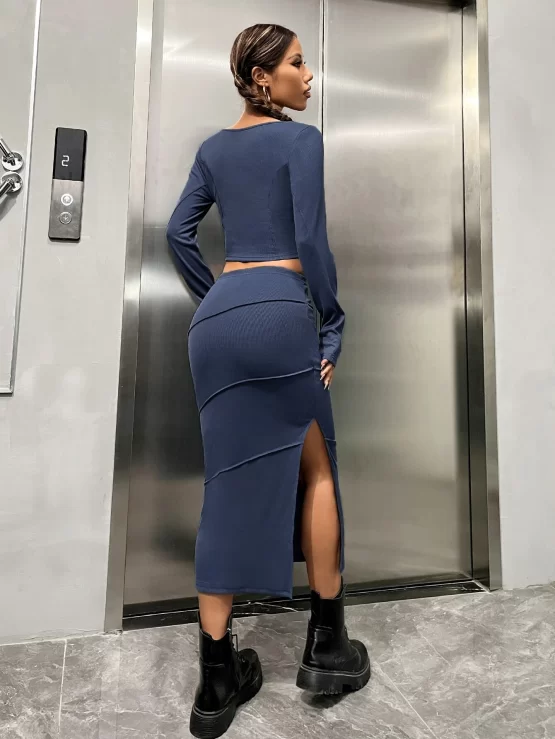 EZwear Notch Neck Crop Tee & Split Thigh Skirt - Image 3