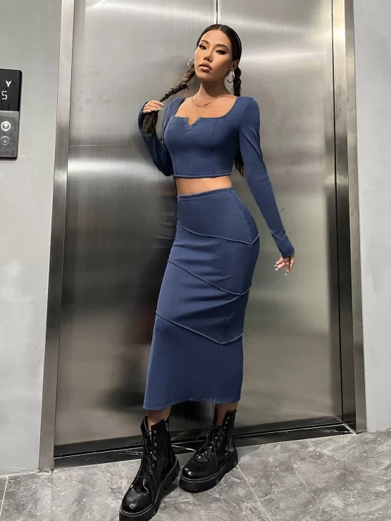 EZwear Notch Neck Crop Tee & Split Thigh Skirt - Image 2