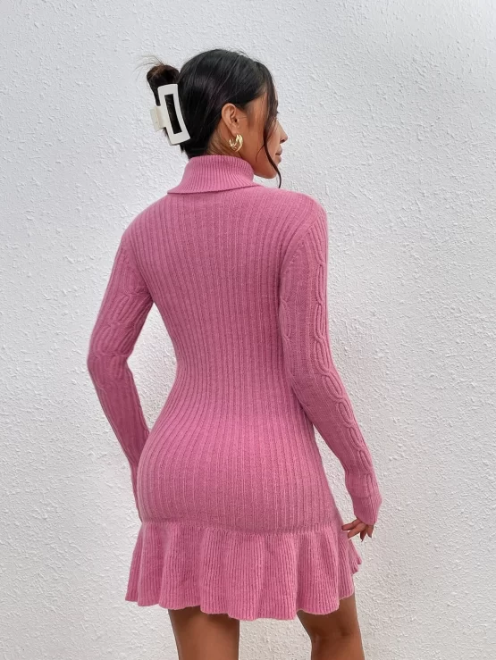 Turtleneck Ruffle Hem Cable Knit Sweater Dress - Image 3