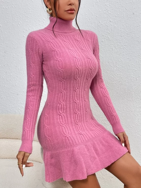 Turtleneck Ruffle Hem Cable Knit Sweater Dress - Image 2
