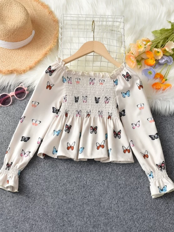 Girls Butterfly Print Flounce Sleeve Peplum Front Blouse - Image 2