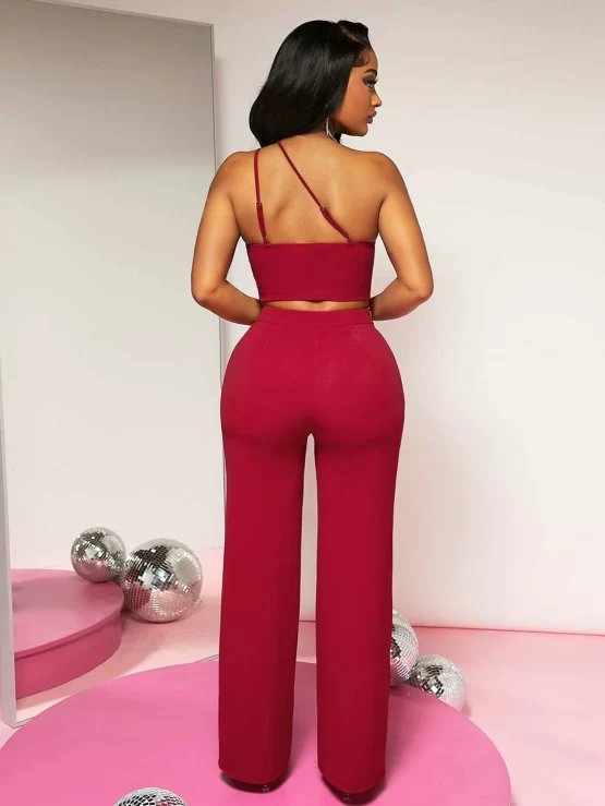 Solid One Shoulder Crop Top & Wide Leg Pants - Image 2