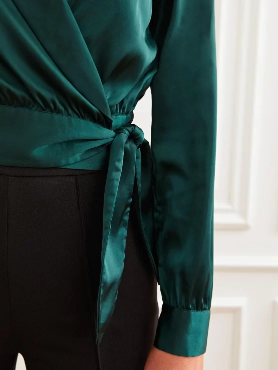 BAE Shawl Collar Wrap Knot Side Satin Blouse - Image 3