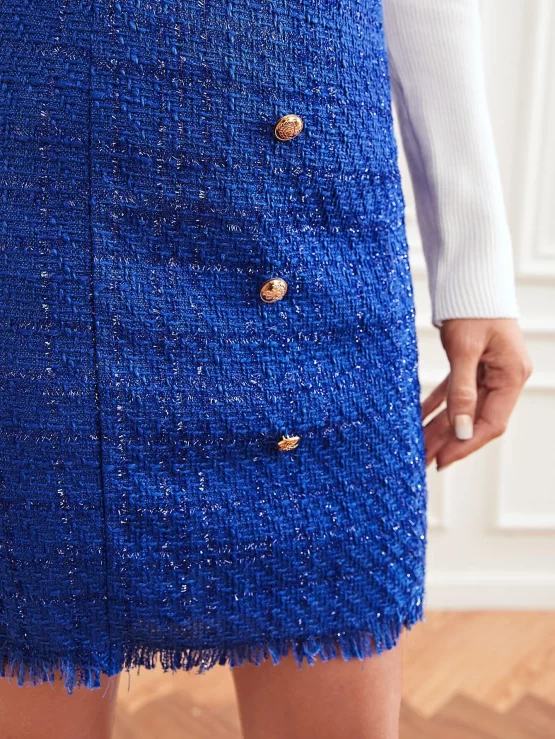 BIZwear High Waist Button Front Raw Trim Tweed Hem Skirt - Image 2