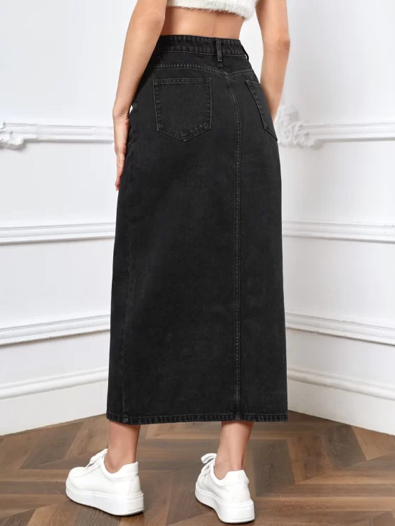 High Waist Button Pocket Split Denim Skirt - Image 6