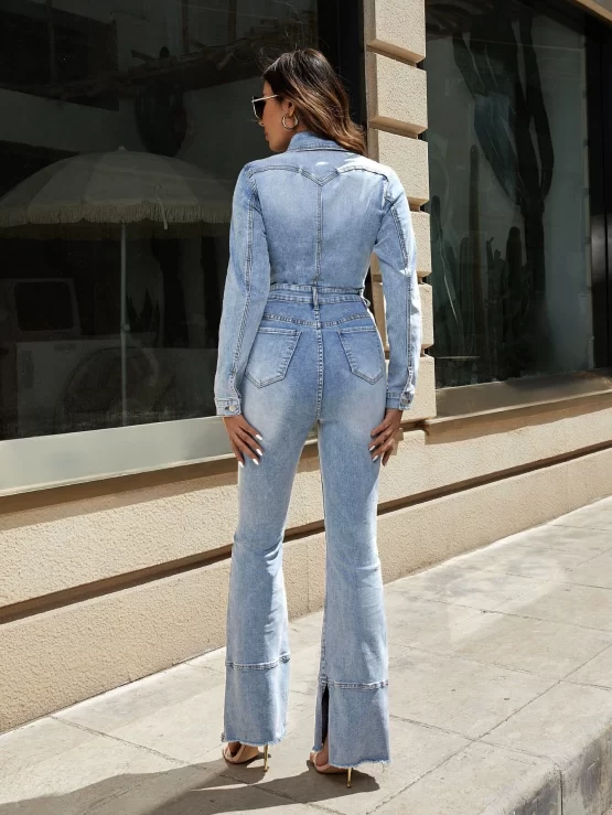 Button Front Pocket Patched Denim Jumpsuit - Image 3