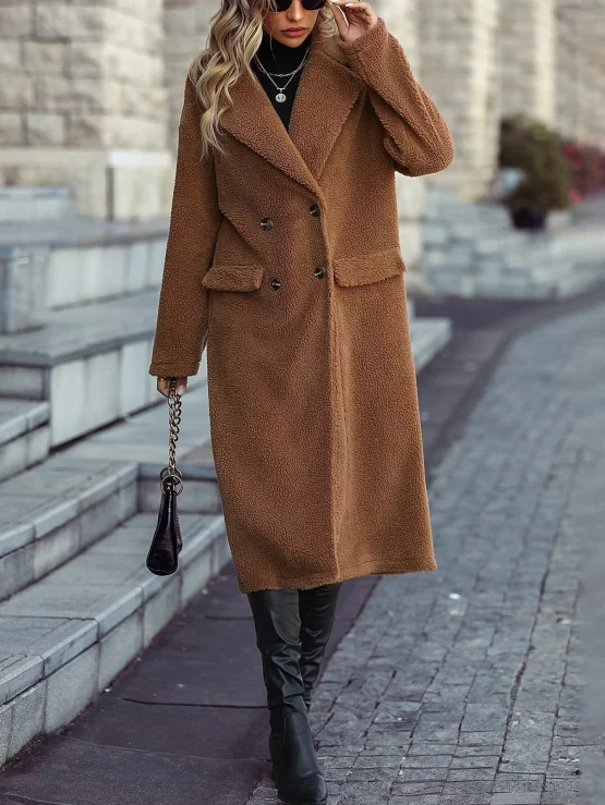 Lapel Neck Drop Shoulder Double Breasted Teddy Coat - Image 2