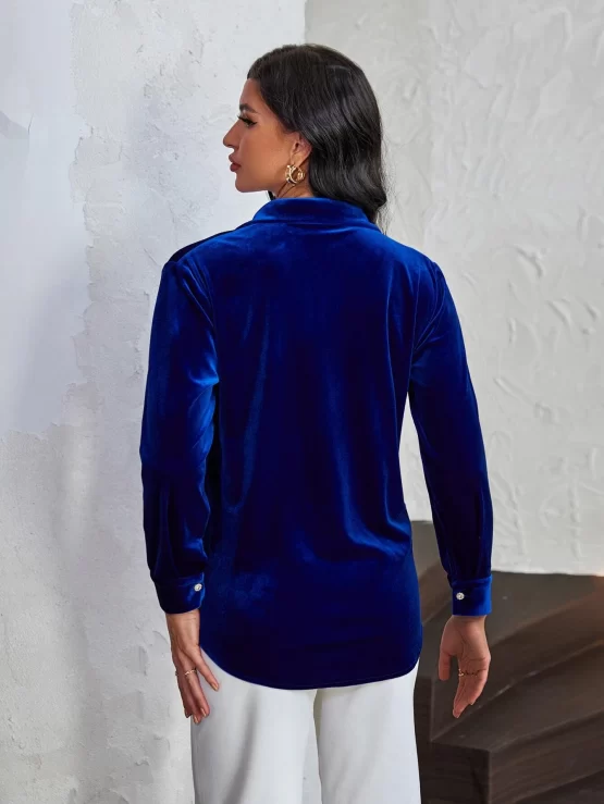 Collar Plain Party Button Front Velvet Shirt - Image 2