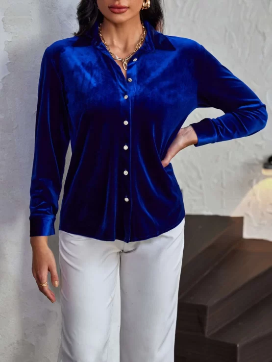 Collar Plain Party Button Front Velvet Shirt - Image 3
