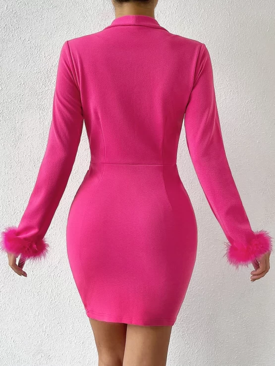 Shawl Collar Fuzzy Cuff Tie Side Wrap Dress - Image 5