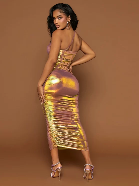One Shoulder Crop Metallic Top & Ruched Pencil Skirt - Image 5