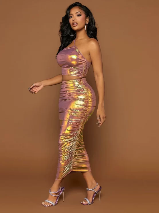 One Shoulder Crop Metallic Top & Ruched Pencil Skirt - Image 4