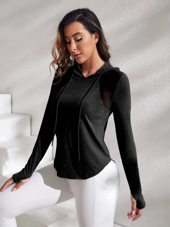 Contrast Mesh Curved Hem Drawstring Sports Hoodie - Image 2