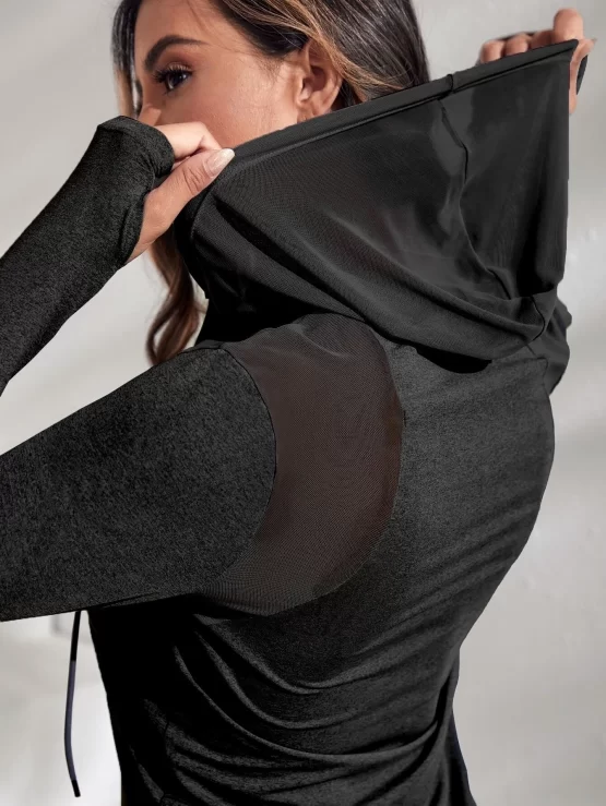 Contrast Mesh Curved Hem Drawstring Sports Hoodie - Image 3