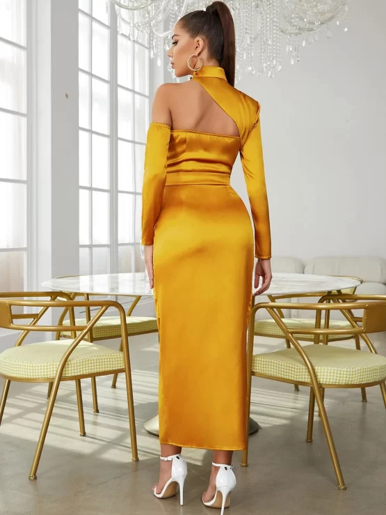 Asymmetrical Neck Cut Out Split Thigh Satin Dress - Image 2