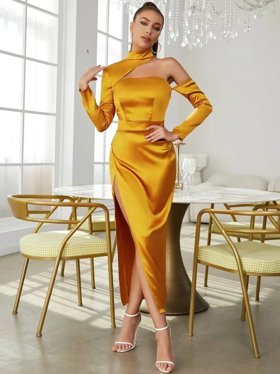 Asymmetrical Neck Cut Out Split Thigh Satin Dress - Image 3