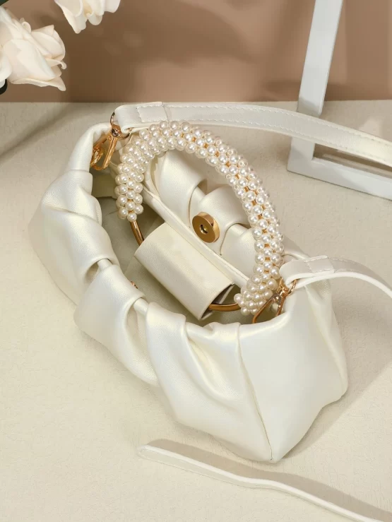Faux Pearls Small Adjustable Decor Ruched Bag - Image 3