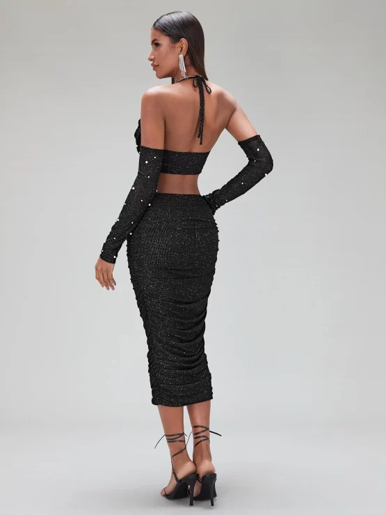 BAE Pearl Detail Draped Front Halter Top & Ruched Skirt Set - Image 3
