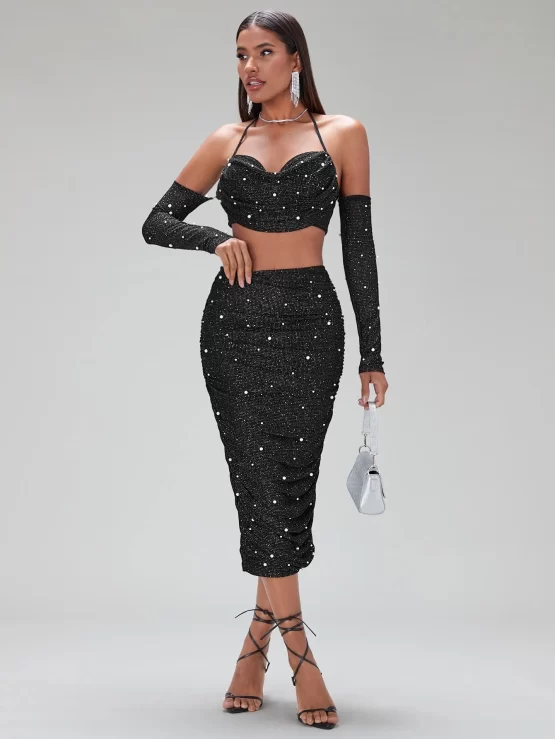 BAE Pearl Detail Draped Front Halter Top & Ruched Skirt Set - Image 2