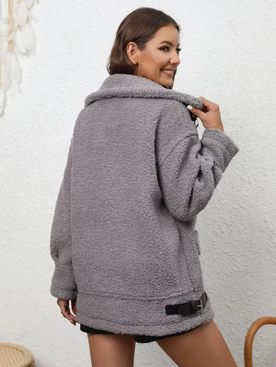 Drop Shoulder Flap Tape Pocket Teddy Coat - Image 3