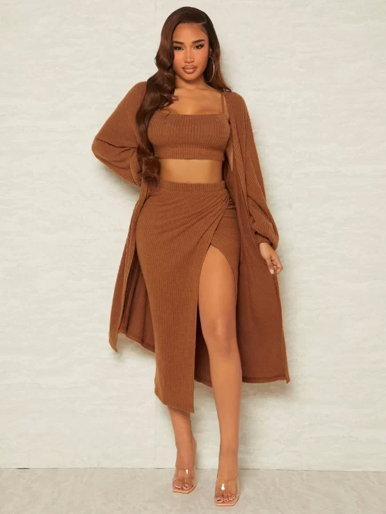 Solid Crop Cami Top & Split Thigh Skirt & Coat - Image 3