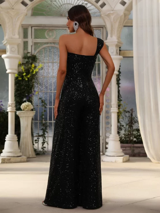 One Shoulder Party Sequin Wide Leg Jumpsuit - Image 5