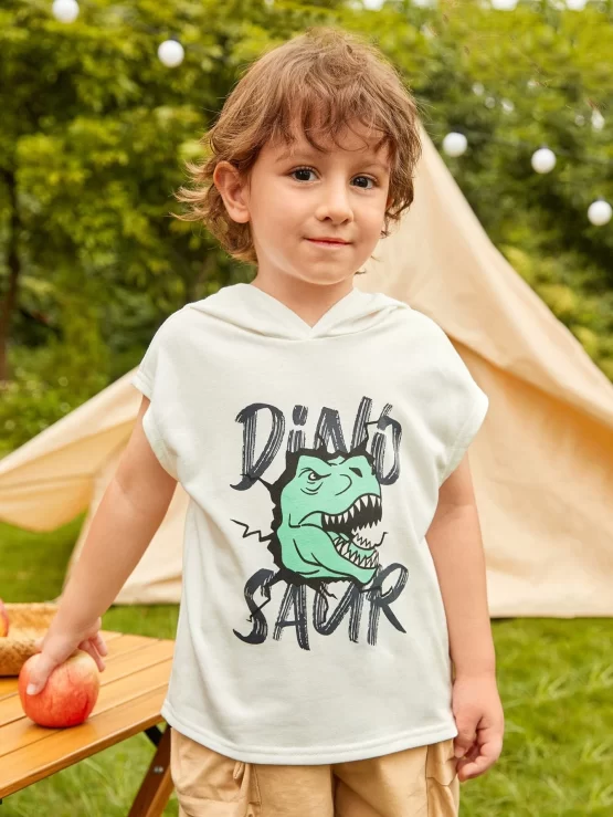 Toddler Boys Dinosaur & Letter Graphic Hooded Tank Front Top - Image 2