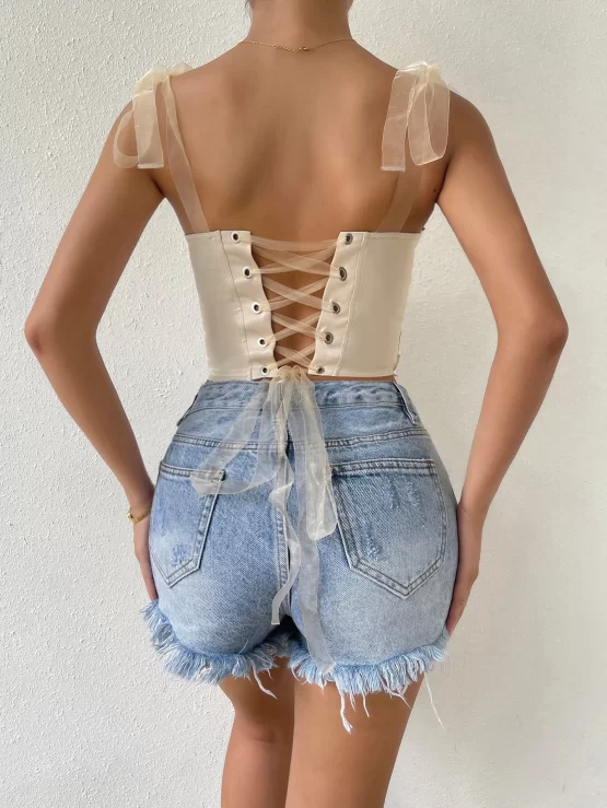 Lace Up Back Guipure Lace Panel Bustier Satin Cami Top - Image 3
