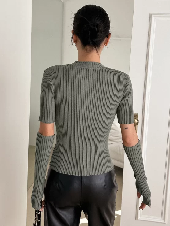 DAZY Solid Ribbed Knit Top With Arm Sleeves - Image 2