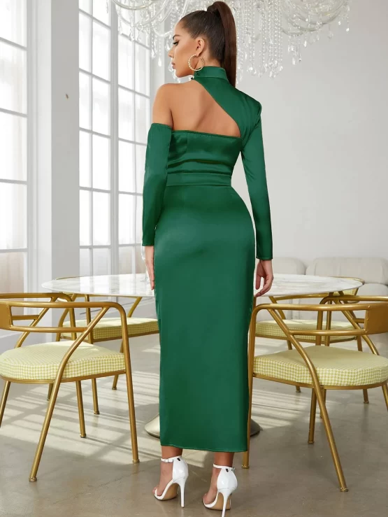 Asymmetrical Neck Cut Out Split Thigh Satin Dress - Image 4