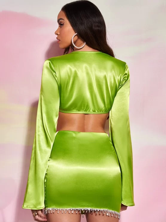 BAE Rhinestone Detail Trumpet Sleeve Crop Satin Top & Bodycon Skirt - Image 2