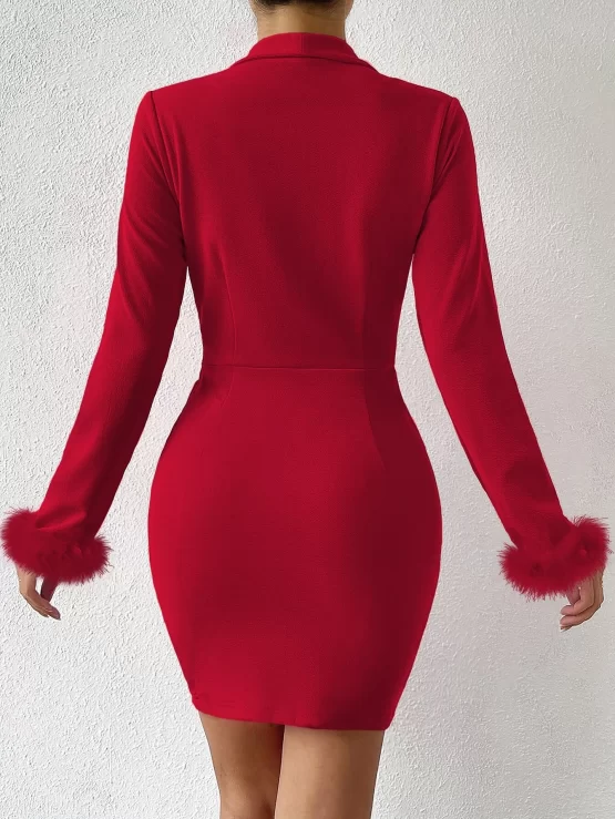 Shawl Collar Fuzzy Cuff Tie Side Wrap Dress - Image 2