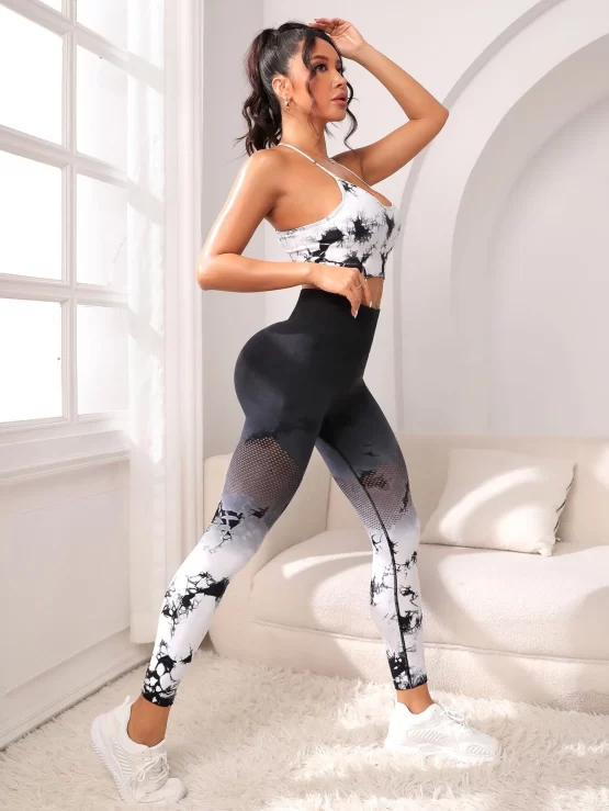 Tie Dye Criss Cross Back Wide Waistband Sports Set - Image 2