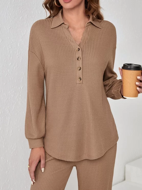 EMERY ROSE Half Button Drop Shoulder Top & Sweatpants - Image 3