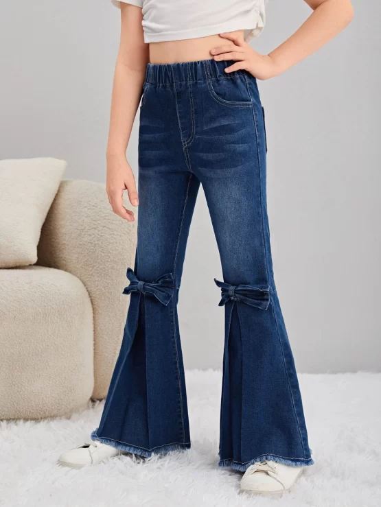 Girls Bow Front Raw Hem Flare Leg Jeans - Image 2