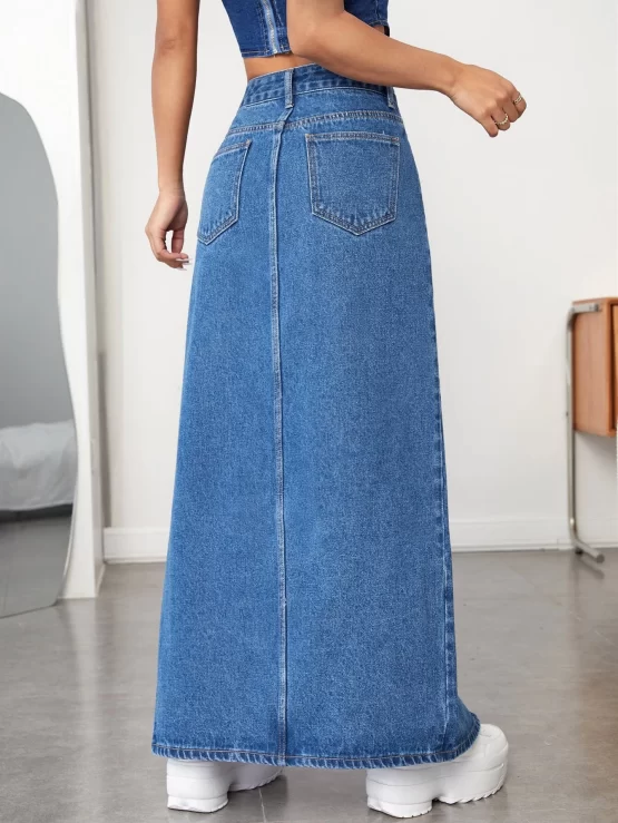 High Waist Pocket Split Thigh Denim Skirt - Image 2